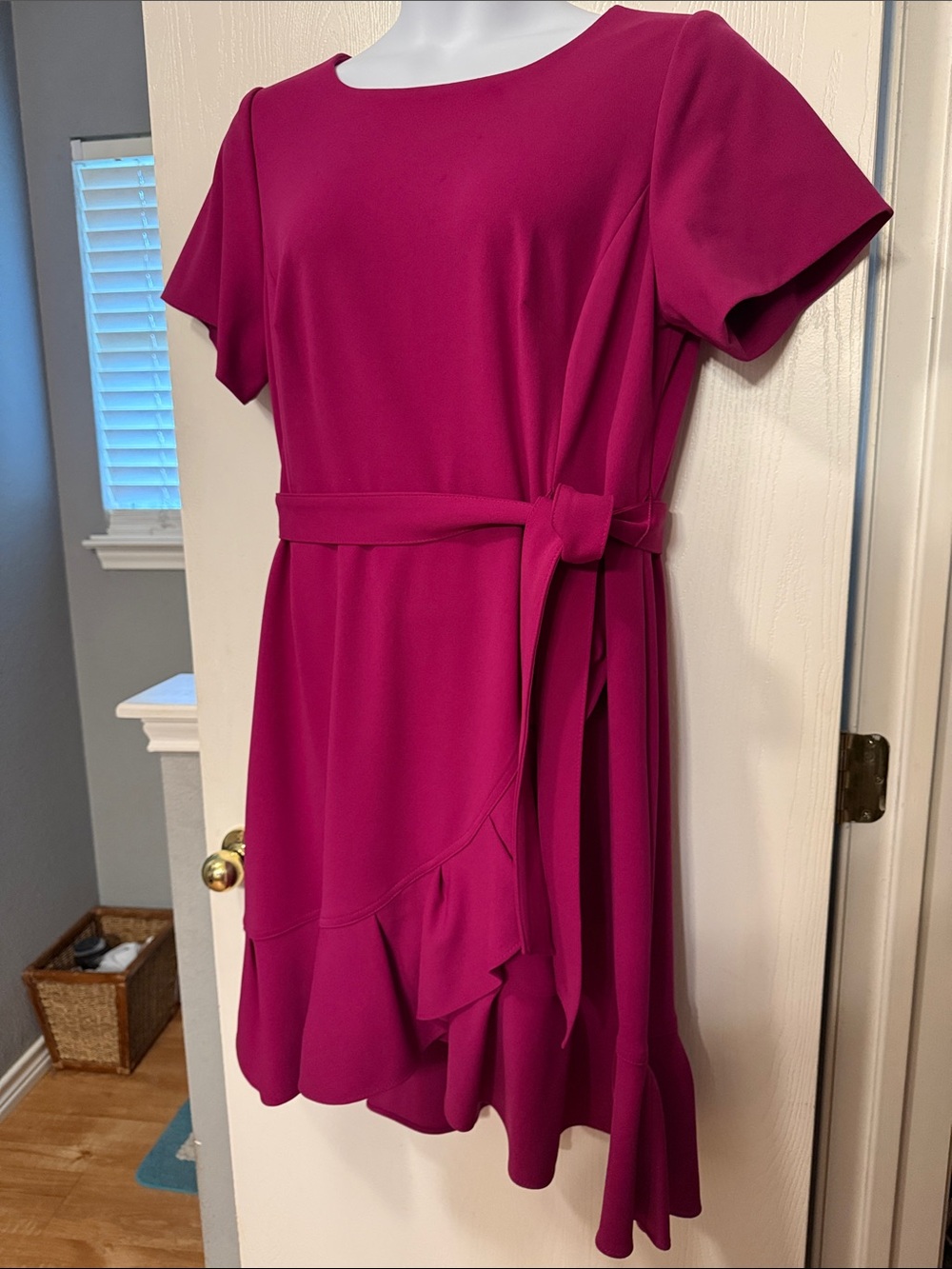 Calvin Klein Fuchsia Short-Sleeve Midi Dress with Ruffle Hem